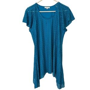 Indigo Soul Turquiose Textured Lace Tunic Blouse Top Shark Bite Hem Size L